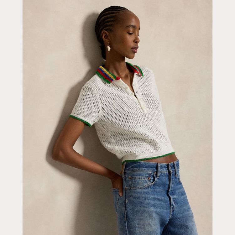 STRIPED-COLLAR POINTELLE POLO  STRIPED