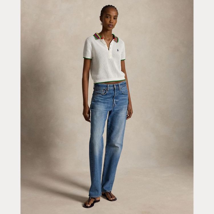 STRIPED-COLLAR POINTELLE POLO  STRIPED