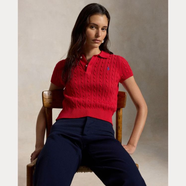 CABLE-KNIT COTTON CROPPED POLO CRUISE RED
