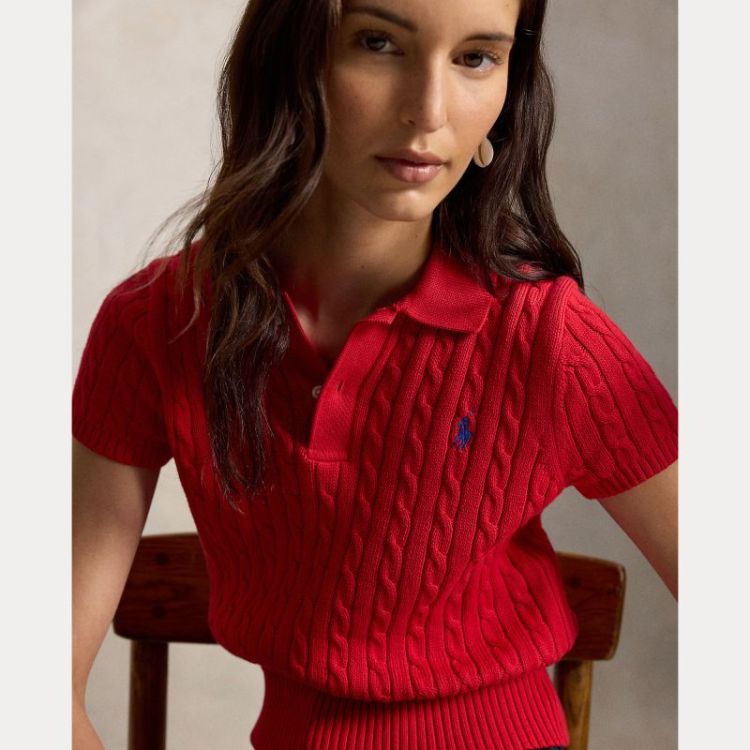 CABLE-KNIT COTTON CROPPED POLO CRUISE RED