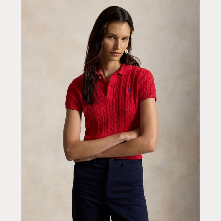 CABLE-KNIT COTTON CROPPED POLO CRUISE RED