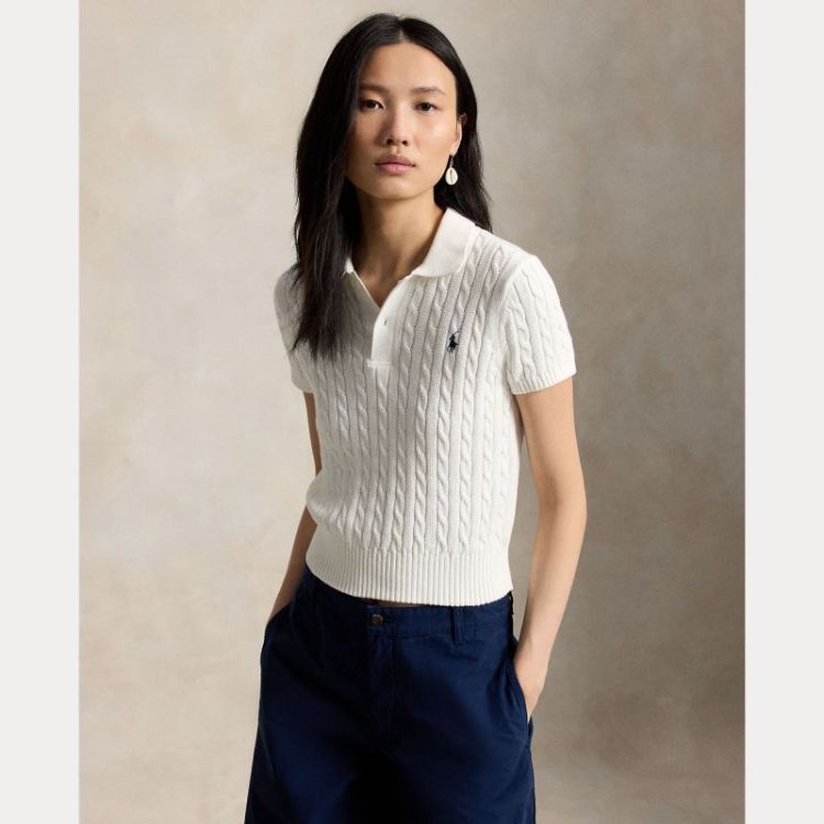 CABLE-KNIT COTTON CROPPED POLO WHITE