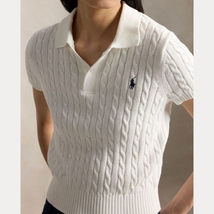 CABLE-KNIT COTTON CROPPED POLO WHITE