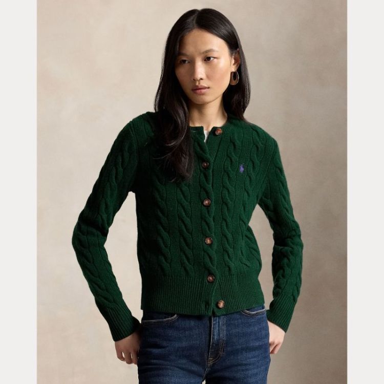 CABLE KNIT CARDI CREWNECK  COLLEGE GREEN