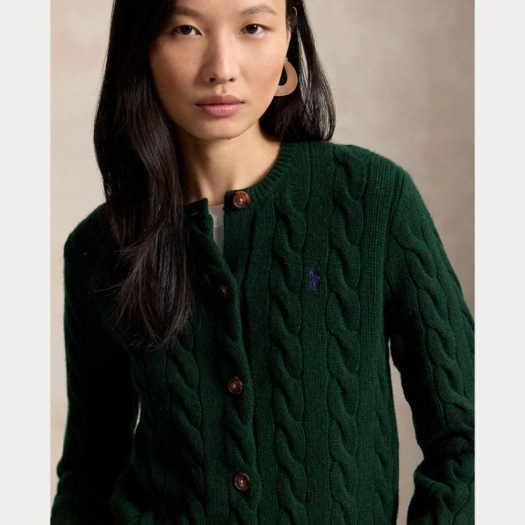 CABLE KNIT CARDI CREWNECK  COLLEGE GREEN