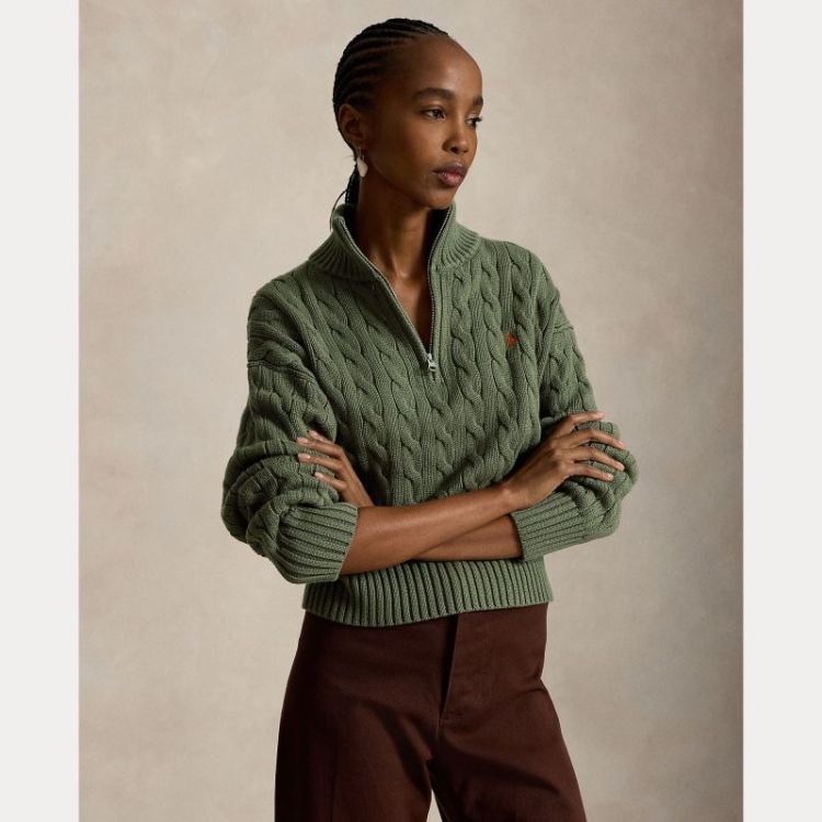 CABLE KNIT ZIP PULLOVER LS DENSE OLIVE