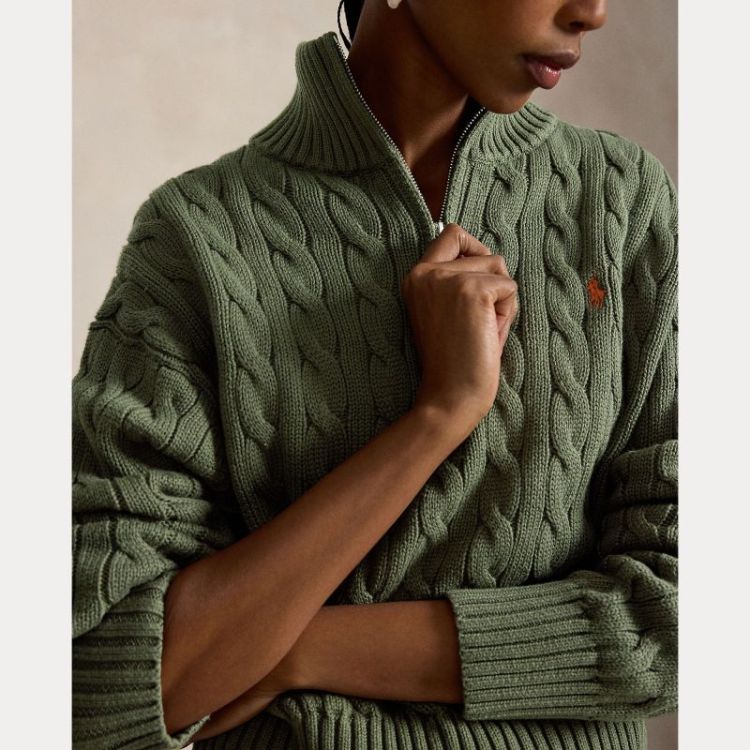 CABLE KNIT ZIP PULLOVER LS DENSE OLIVE