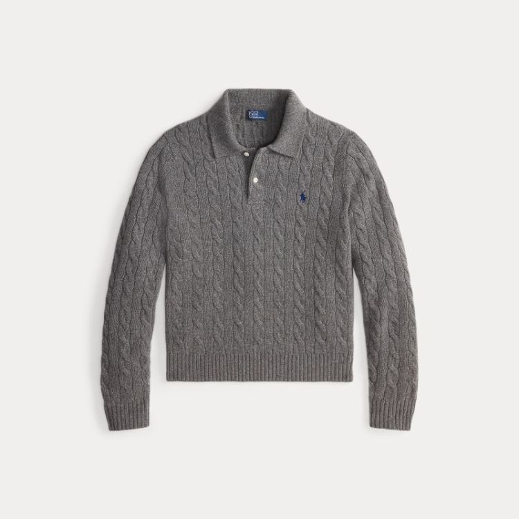 CABLE KNIT POLO PULLOVER FLANNEL GREY HE