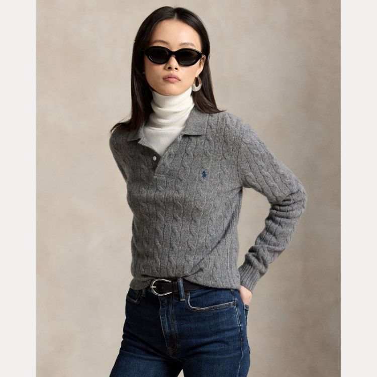 CABLE KNIT POLO PULLOVER FLANNEL GREY HE