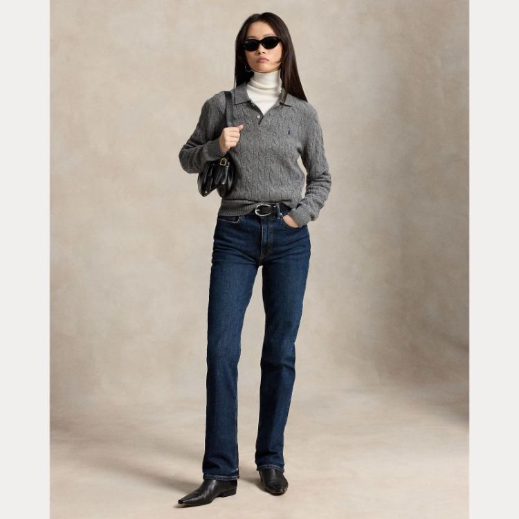 CABLE KNIT POLO PULLOVER FLANNEL GREY HE