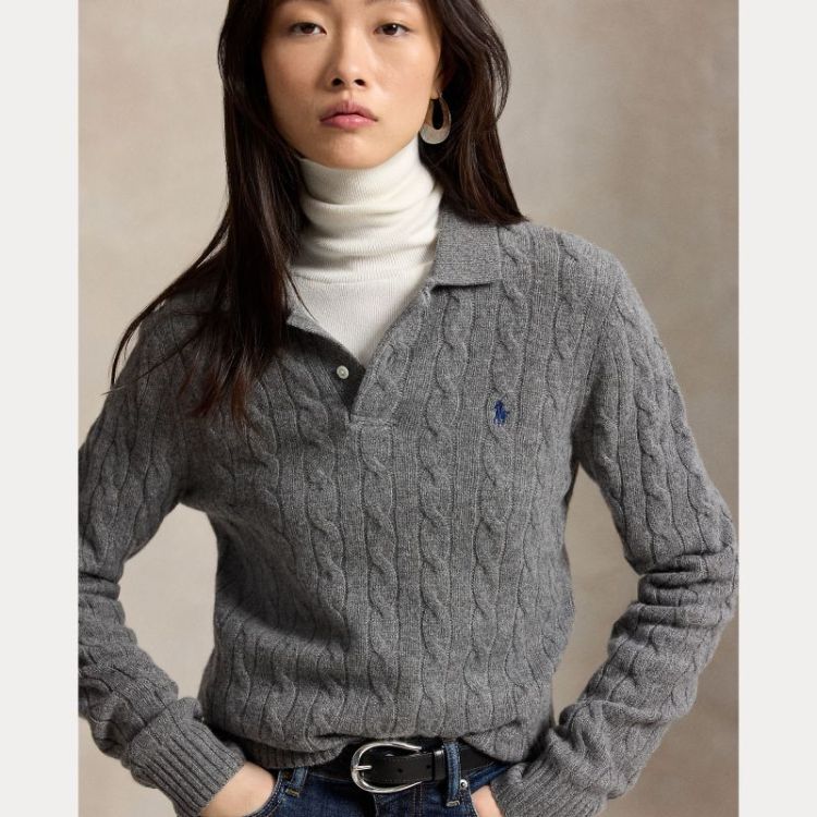 CABLE KNIT POLO PULLOVER FLANNEL GREY HE