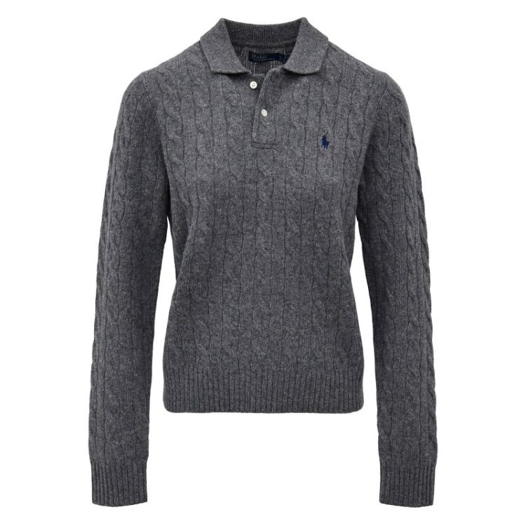 CABLE KNIT POLO PULLOVER FLANNEL GREY HE