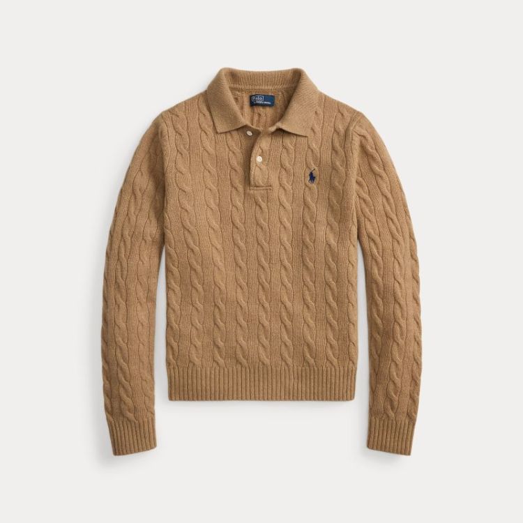 CABLE KNIT POLO PULLOVER CAMEL MELANGE