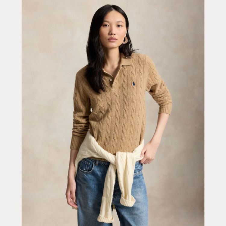 CABLE KNIT POLO PULLOVER CAMEL MELANGE