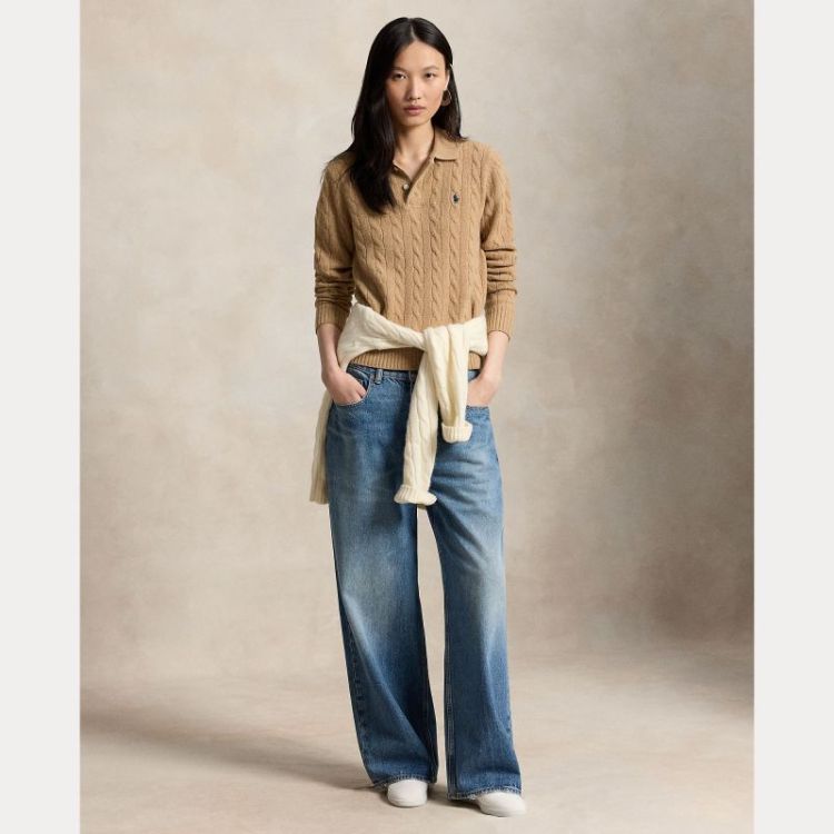 CABLE KNIT POLO PULLOVER CAMEL MELANGE