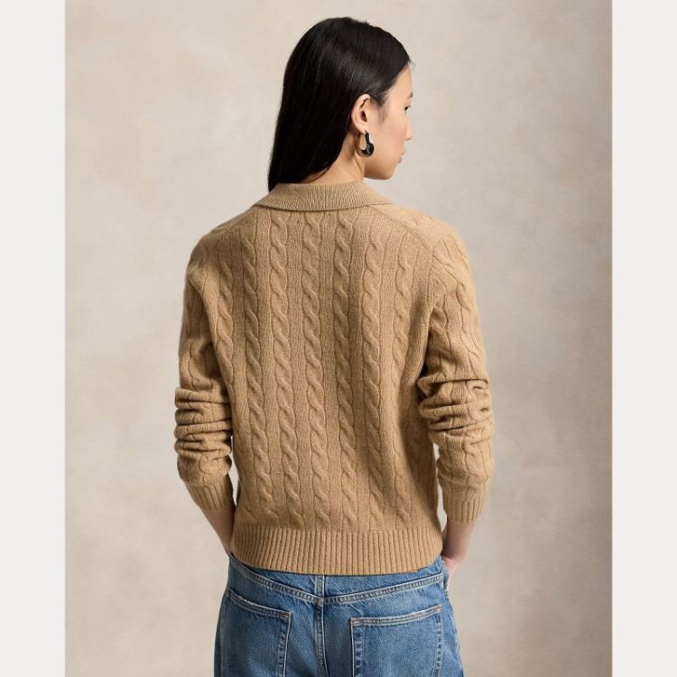 CABLE KNIT POLO PULLOVER CAMEL MELANGE