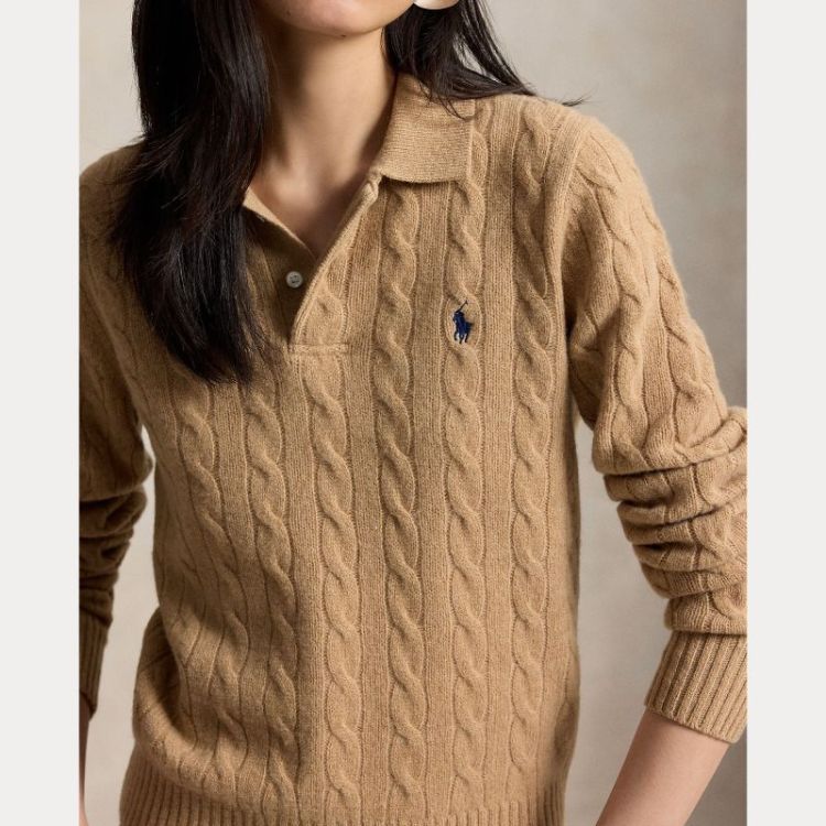 CABLE KNIT POLO PULLOVER CAMEL MELANGE