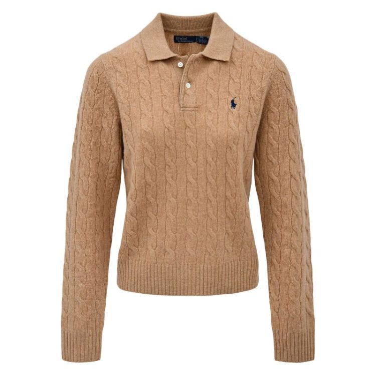 CABLE KNIT POLO PULLOVER CAMEL MELANGE