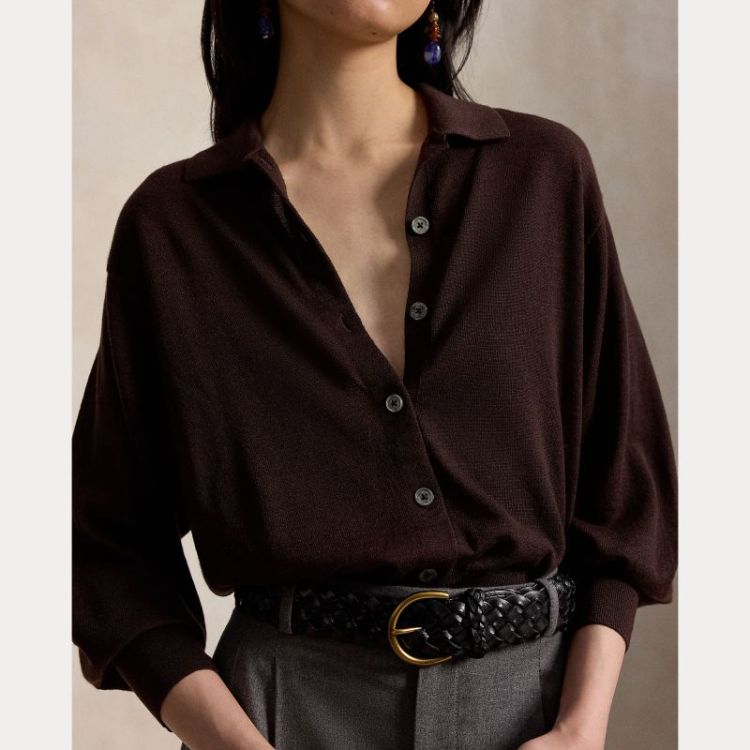 POLO COLLAR WOOL CARDIGAN DEEP CHOCOLATE 